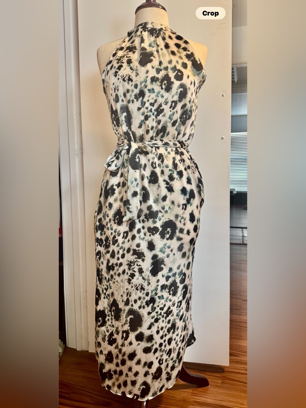 Zara Sleeveless Animal-Print Tie-Waist Dress in Cream, Black & Green